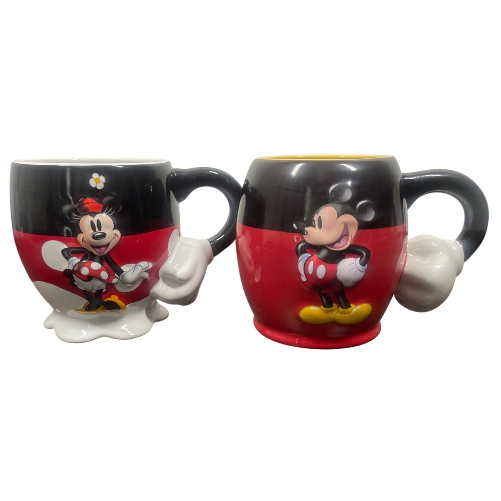 Disney Parks Mickey and Minnie Mouse 3D Sculpted Ceramic Mug Set Red Black White